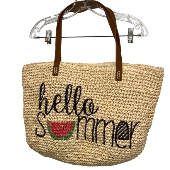 Straw studios HELLO SUMMER watermelon straw tote bag purse cotton lined - Picture 1 of 5